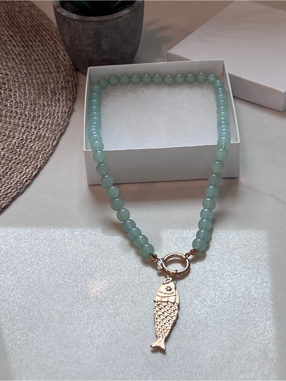 Turquoise Beaded Boho Necklace with Fish Pendant